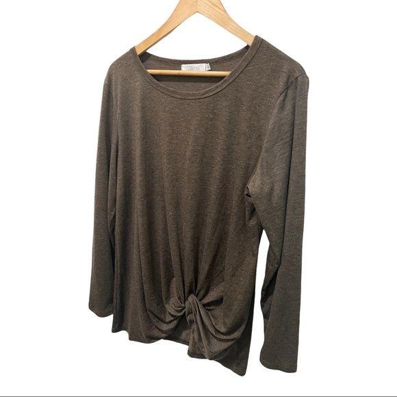 SHIBEVER MEDIUM BROWN MARLED SCOOP NECK TWIST KNOT STYLE LONG SLEEVE BLOUSE - Picture 3 of 11